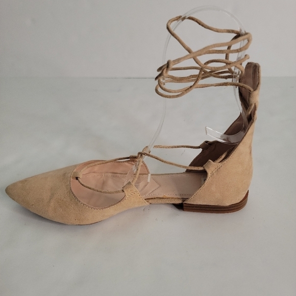 Zara Sz 38 8 Suede Lace Up Pointed Toe Ballet Flats Shoes Tan - Picture 1 of 8